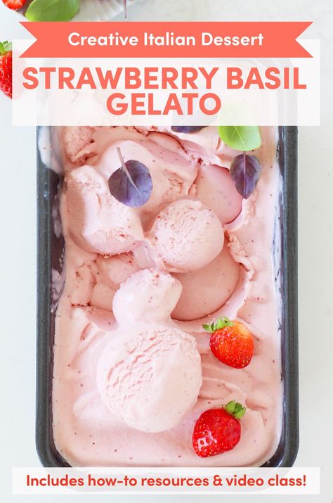 This soft pink strawberry gelato transforms two quintessential summer ingredients, strawberries and basil, into a silky smooth treat with a delicate, sweet flavor. Lactose Free Heavy Cream, Vegan Gelato, Strawberry Gelato, Chocolate Gelato, Italian Dessert Recipes, Strawberry White Chocolate, Frozen Dessert Recipes, Italian Gelato, Italian Ice Cream