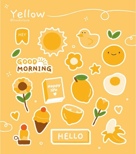 Yellow Theme Drawing, Yellow Design Notebook, Yellow Bujo Theme, Yellow Portfolio Design, Yellow Stickers For Journal, Yellow Scrapbook Stickers, Yellow Stickers Aesthetic Printable, Yellow Journal Stickers, Yellow Stickers Aesthetic