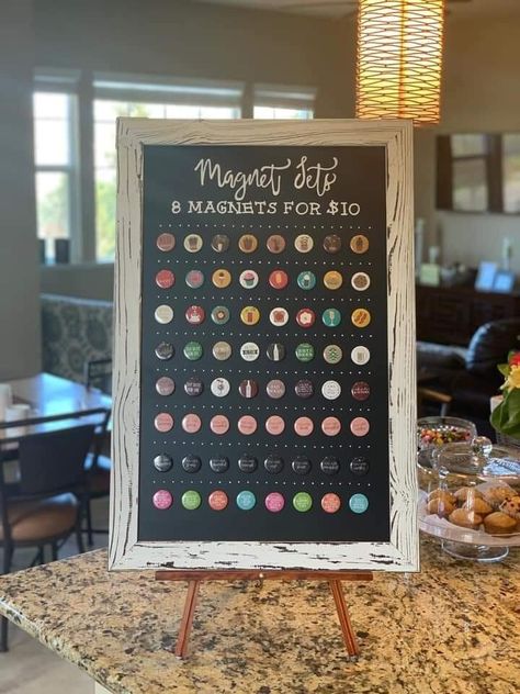 Vendor Magnet Display, Display Magnets Craft Fairs, How To Display Magnets At A Craft Show, Farmers Market Table Display Booth Ideas, Magnet Display Ideas Craft Fairs, Magnet Display Ideas, Farmers Market Table Display, Market Stall Display Ideas, Craft Table Display