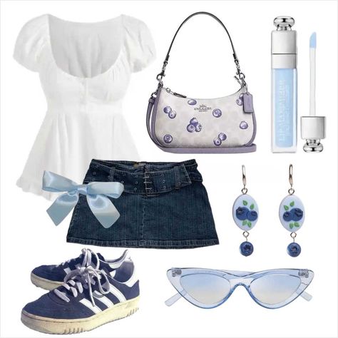 blueberry summer outfit 🫐 Blueberry Fashion, Blueberry Outfit, Blue Summer Outfits, Beachy Outfit, Faye Webster, Sabrina Carpenter Outfits, 2000s Outfit, Miniskirt Outfits, Model Outfits