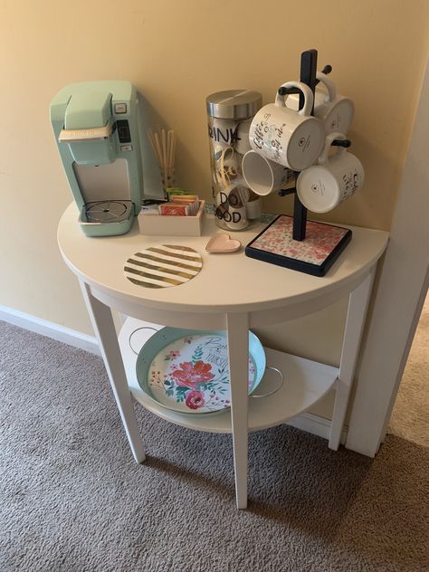 Coffee Corner Teal Keurig Office coffee IKEA table Coffee Station On Counter, Keurig Coffee Station On Counter, Office Coffee Corner, Keurig Coffee Station, Office Coffee Station, Counter Office, Cozy Table, Tiny Home Office, Coin Café