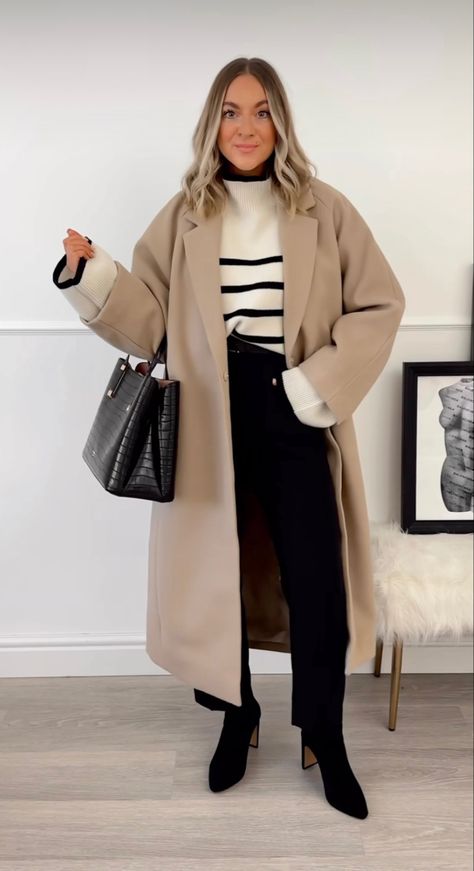 Long Cream Jacket Outfit, Cream Coat Outfit Winter Classy, Chic Beige Long Wool Coat, Long Cream Outerwear For Work, Elegant Long Beige Coat, Cream Coat Outfit, Cream Coat Outfit Winter, Elegant Oversized Beige Wool Coat, Striped Jacket Outfit