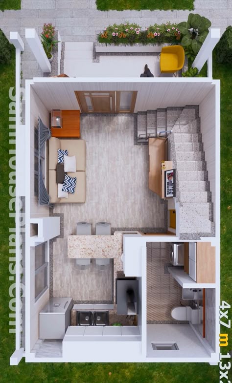 Small Duplex Interior Design, House Interior For Small House, Tiny Duplex House Design, Small House With Loft Bedroom, Small House Modern Interior, Mini Duplex House Design, Home Minimalist Small Houses, Tiny Duplex House Plans, Small Townhouse Design