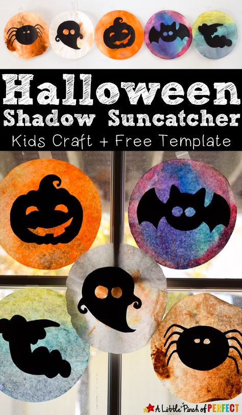 Halloween Shadow Suncatcher Craft for Kids and Free Template: Kids can choose from 6 silhouette templates (jack-o-lantern, bat, ghost and more) or make their own Halloween design to hang on the window and watch it glow. (Kids craft, coffee filter, free printable) Shadow Craft, Halloween Shadow, Halloween Template, Quick Projects, Craft Halloween, Halloween Crafts For Toddlers, Coffee Filter Crafts, October Crafts, Autumn Sun