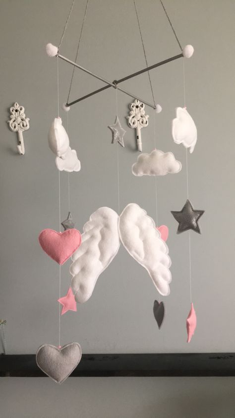 Angel Nursery Theme, Fantasy Nursery, Sewing Felt, Cozy Baby Room, Handmade Mobile, Angel Theme, Angel Decor, Baby Room Design, Girls Nursery