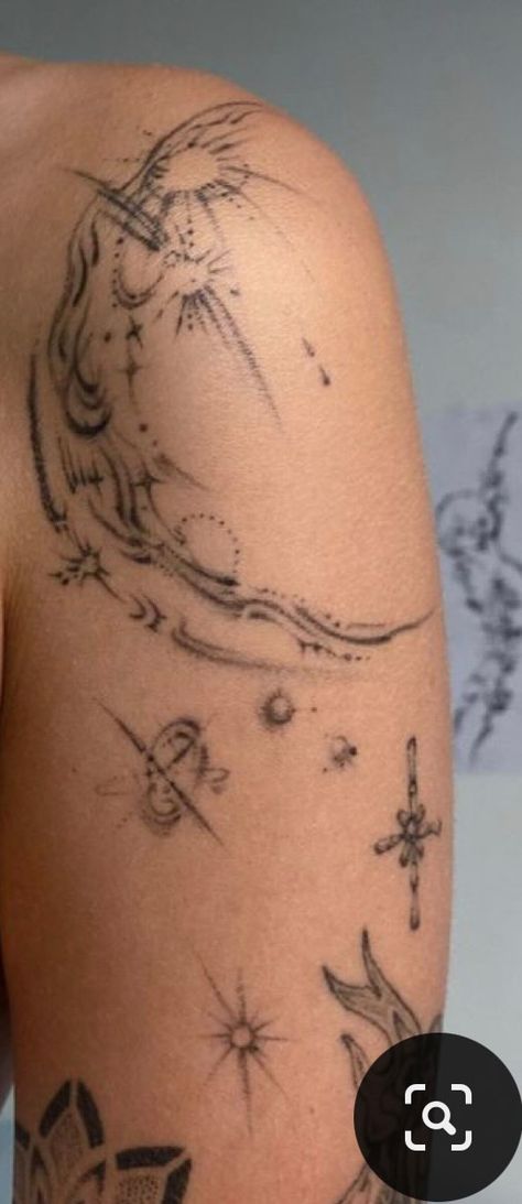 Celestial Filler Tattoo, Celestial Shoulder Tattoos For Women, Pretty Odd Tattoo, Space Shoulder Tattoo, Night Sky Tattoo Starry, Whimsical Tattoo Ideas, Tiny Chest Tattoo Female, Supernova Tattoo, Whimsy Tattoo