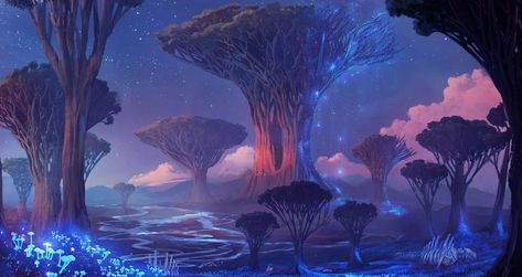 Biomes Concept Art, Fantasy Biomes Concept Art, Concept World Art, Planet Concept Art Space, Night Environment Concept Art, Alien Environment Concept Art, Alien Planet Concept Art World, Planet Landscape Concept Art, Sci Fi World Concept Art