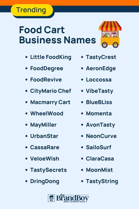 Trending Food Cart Business Names Food Cart Business Ideas, Catchy Names For Food Business, Food Shop Names Ideas, Food Business Name Ideas Catchy, Food Cart Business, Street Food Business, Trending Food, Shop Name Ideas, Truck Names