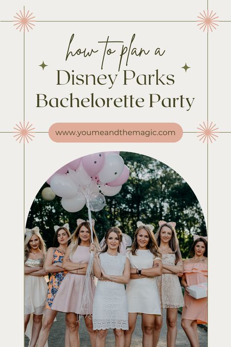 A group of seven women are wearing cocktail dresses and lace cat ears to celebrate a bachelorette party. Disneyland Bridal Shower Ideas, Magic Kingdom Bachelorette Party, Disney Epcot Bachelorette Party, Bachelorette Party At Disney, Disney Bachelorette Itinerary, Disneyland Bachelorette Outfits, Bachelorette Party Disneyland, Bachelorette Disneyland, Disney Bachelorette Outfits