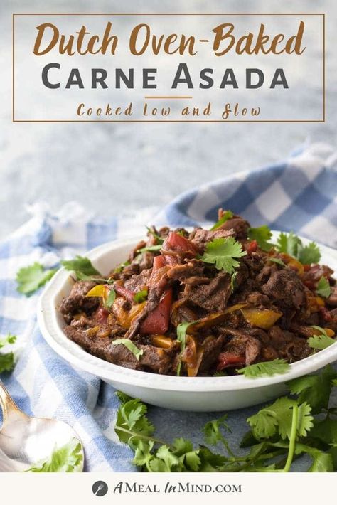 Easy carne asada that cooks low and slow in a dutch oven until it will shred with a fork. Rich with the flavors of chile, cumin and more from a homemade, Paleo spice rub. | A Meal In Mind #amealinmind #carneasada #dutchovencarne #dutchovendinner #roastedcarneasada #paleocarneasada Easy Carne Asada, Carne Asada Recipes, Flat Iron Steak, Paleo Beef, Dutch Oven Recipes, Delicious Gluten Free Recipes, Slow Roast, Gluten Free Recipes For Dinner, Shredded Beef