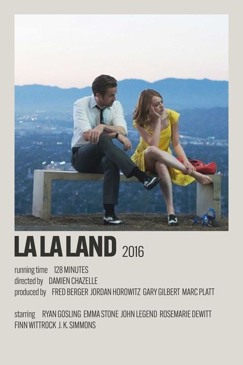 La La Land is a 2016 American romantic musical comedy-drama film written and directed by Damien Chazelle. It stars Ryan Gosling and Emma Stone as a struggling jazz pianist and an aspiring actress, respectively, who meet and fall in love while pursuing their dreams in Los Angeles. John Legend, Rosemarie DeWitt, Finn Wittrock, and J. K. Simmons appear in supporting roles. Ryan Gosling And Emma Stone, Rosemarie Dewitt, Absolute Cinema, Finn Wittrock, Jazz Pianist, The Big Short, Damien Chazelle, Movie Wall, Polaroid Poster