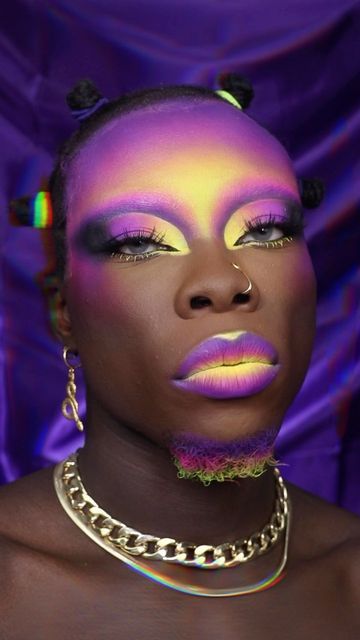 The King of Colour on Instagram: "Decided to make use of this 4head of mine💜💛 Hope ya like it😘 Products used: @mehronmakeup Pastel yellow, pink paint sticks @maccosmeticsuk paint stick palette @glitterrealmco Summerita palette @opvbeauty neon pigments @lorealparis infallible concealer @maccosmeticsuk NW58 studio fix fluid foundation @tiltmakeup 120 foundation stick @maybelline eraser concealer @bennyemakeup Ebony powder @hudabeauty cinnamon bun powder @nyxcosmetics_uk amethyst liquid suede lipstick @makeuprevolution yellow eye base" Neon Yellow Eyeshadow Looks, Maybelline Eraser Concealer, Infallible Concealer, Space Elf, Eraser Concealer, Maybelline Eraser, Alien Makeup, Foundation Palette, Queen Outfits