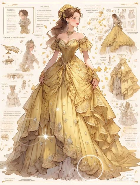 Yellow Gown Aesthetic, Fantasy Gowns Art, Yellow Princess Dress, Belles Dress, Gown Drawing, Dreamy Gowns, Seni Dan Kraf, Dress Design Drawing, Old Fashion Dresses