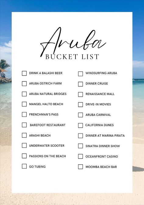 Aruba Bucket list with 60 items and beach in the background Aruba Travel Guide, Things To Do In Aruba Bucket Lists, Aruba Bucket List, Aruba Things To Do, What To Do In Aruba, Aruba Packing List, Outfits For Aruba, Aruba Photo Ideas, Aruba Vacation Pictures