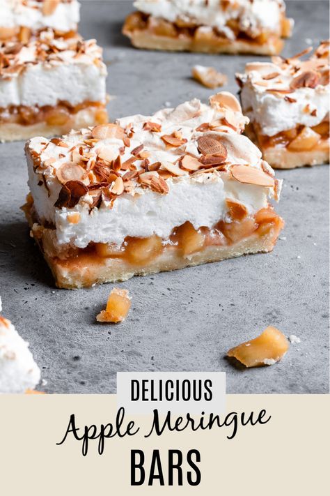 These Apple Meringue Bars are made of buttery tender crust layered with sweet apple filling topped with fluffy meringue and sprinkled with toasted almonds. |#applerecipe #fallbaking #applecinnamon #applemeringue #applebarsrecipes #appledesserts #falldessertrecipe #holidaybaking #meringuerecipe #fallrecipe #cinnamon #cinnamonrecipe | Apple Meringue, Fluffy Meringue, Cheesecake Oreo, Homemade Strawberry Sauce, Apple Bars, Homemade Snickers, Cinnamon Recipes, Easy No Bake Desserts, Apple Filling