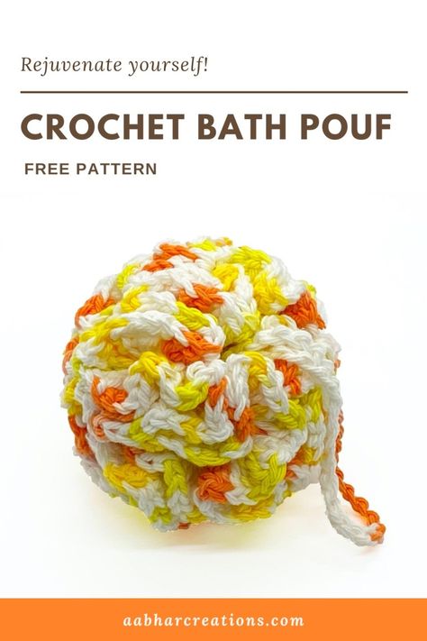 Free Crochet Pattern: Crochet Bath Pouf (Spa Set) | Aabhar Creations Scrubby Yarn Crochet Patterns, Scrubby Yarn Crochet, Scrubbies Crochet Pattern, Crochet Bodies, Crochet Washcloth Pattern, Crochet Pouf, Scrubby Yarn, Crochet Scrubbies, Shower Puff