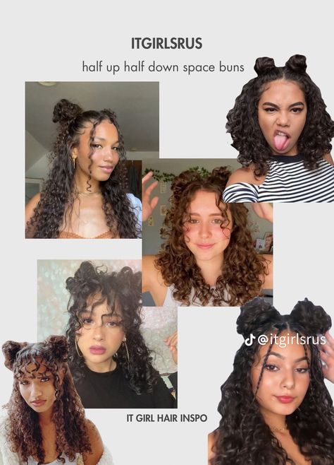 Curly Space Buns Half Up, Space Buns Curly Hair, Buns Curly Hair, Curly Space Buns, Two Buns, Space Buns, Hair Stylist Life, Half Up Hair, Curly Hairstyles