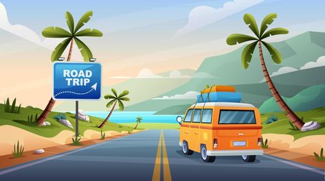 Car Trip Aesthetic, Car On Highway, Drawing Road, Travel Cartoon, Beach Graphics, Vintage Road Trip, Beach Road Trip, Road Travel, Road Trip Car