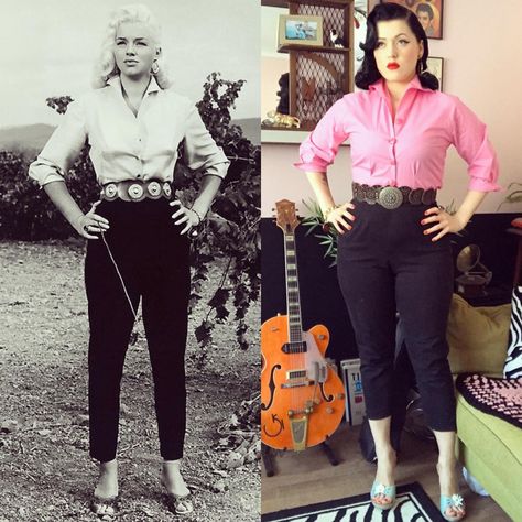 You won't be able to tell the difference 😉 ⁠ @katiepedlow's as gorgeous as Diana Dors in the film The Unholy Wife (1957)⁠ in our authentic vintage style Black Pedal Pushers. 🖤 These gorgeous slimline pants are wonderfully flattering and with a 12-inch difference between waist and hip they show off your killer curves to the full. Do you like to recreate iconic outfits?💫 #vivienofholloway #50sstyle #iconicoutfit #vintagetrousers #vintageicon 50s Pants Outfit, Pedal Pushers Outfit, Style Formula, 1950s Sweater, Diana Dors, Iconic Outfits, Pedal Pushers, Summer Closet, Vintage Trousers