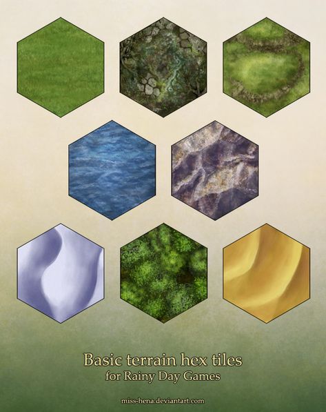 More hex tiles (terrain) by miss-hena Hex Map, Hex Tiles, Hex Tile, Homemade Stickers, Board Game Design, Tabletop Rpg Maps, Fun Board Games, Creative Games, Hexagon Tiles