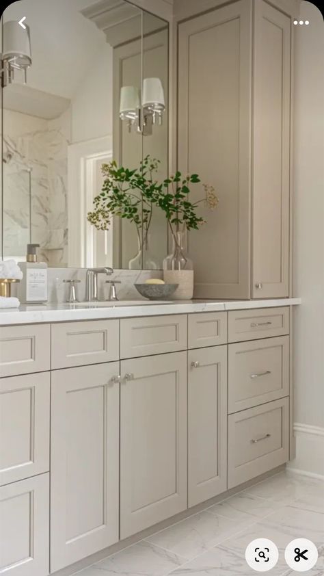 Modern Taupe Bathroom, Kraft Maid Bathroom Vanity, Taupe Vanity Bathroom Ideas, Taupe Painted Bathroom Cabinets, Pale Oak Bathroom Vanity, Classy Bathroom Design, Cream And Tan Bathroom, White And Taupe Bathroom, Taupe Master Bath