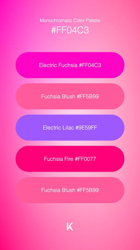 Monochromatic Color Palette Electric Fuchsia #FF04C3 · Fuchsia Blush #FF5B99 · Electric Lilac #9E59FF · Fuchsia Fire #FF0077 · Fuchsia Blush #FF5B99 Neon Pink Color Palette, Color Pallet Purple, Y2k Color Palette, Colour Palette Design, Ipad Ideas, Monochromatic Color Palette, Hex Color Palette, All Colour, Colour Pallets