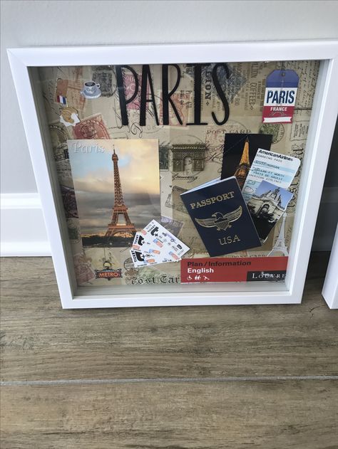 Diy Travel Decor, Travel Shadow Box, Travel Shadow Boxes, Diy Paris, Shadowbox Ideas, Travel Room, Travel Wall Decor, Travel Collage, Travel Crafts