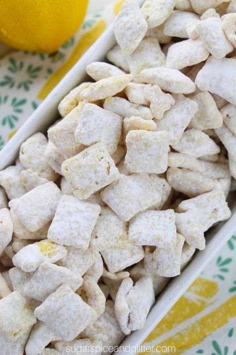 Lemon Puppy Chow Puppy Chow With Jello, Orange Puppy Chow, Lemon Chex Mix Recipes, Zesty Lemonade Puppy Chow, Lemon Muddy Buddy Recipe, Lemon Chex Mix Puppy Chow, Lemon Puppy Chow Chex Mix Recipe, Flavored Puppy Chow, Lemonade Puppy Chow