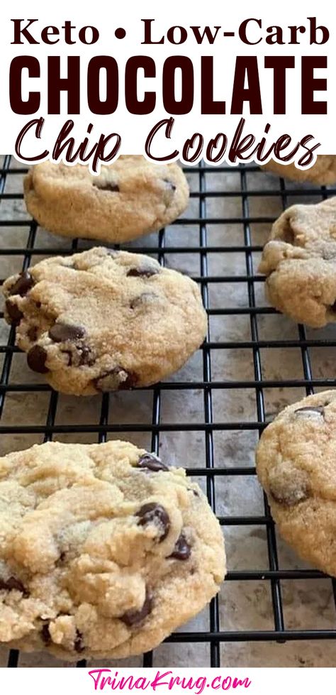 AMAZING Keto Chocolate Chip Cookies. Don’t believe me? I dare you to try them and NOT fall in love. Just don’t tell Grandma! These keto chocolate chip cookies are light and fluffy and almost melt in your mouth. I don’t like crispy chocolate chip cookies. I don’t know why. But I like just a hint of crispy around the edges, with a soft middle. | Trina Krug @trinakrug #ketochocolatechipcookies #chewychocolatechipketocookies #ketochocolatechipcookies #trinakrug Keto Chocolate Chip Cookies Recipe, Keto Chocolate Chip Cookie Recipe, Sugar Free Chocolate Chip Cookies, Low Carb Chocolate Chip Cookies, Almond Flour Chocolate Chip Cookies, Classic Chocolate Chip Cookies, Ultimate Chocolate Chip Cookie, Choco Chip Cookies, Keto Cookie Recipes