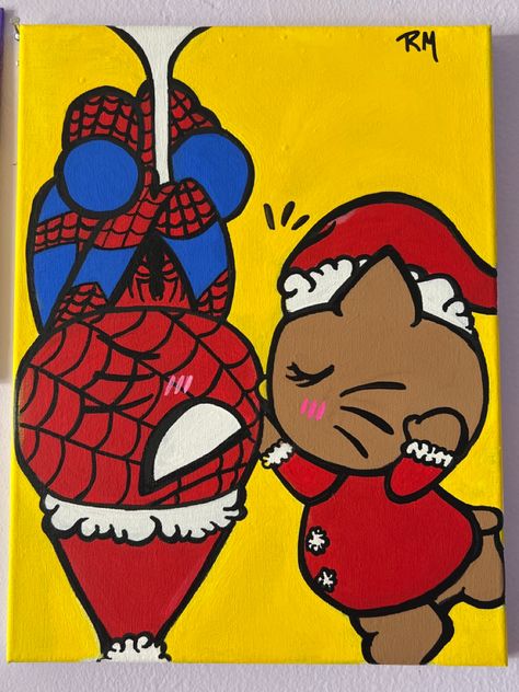 Spider Man Hello Kitty Painting, Spiderman Christmas Drawing, Hello Kitty X Spiderman, Spiderman And Hello Kitty, Spiderman Christmas, Spiderman Painting, Christmas Spider, Kitchen Christmas Gifts, Boyfriend Crafts