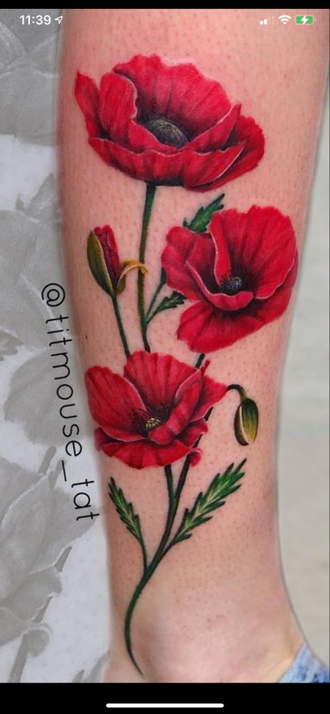 Red Orange Poppy Tattoo, Colorful Poppy Tattoo, Rose Tattoo Colored Design, Realistic Poppy Flower Tattoo, Red Poppies Tattoo, Color Poppy Tattoo, Poppy And Butterfly Tattoo, Poppy Tattoo Wrist, Poppy Tattoos For Women