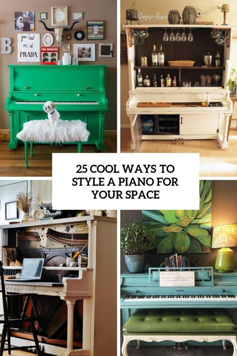 Decorate A Piano Top, Turning A Piano Into A Bar, Repurposed Upright Piano Ideas, Repurposing Piano Ideas, Ideas For Old Pianos, How To Decorate Around A Piano, Update Old Piano, Alternative Piano Bench, Piano Furniture Repurposed