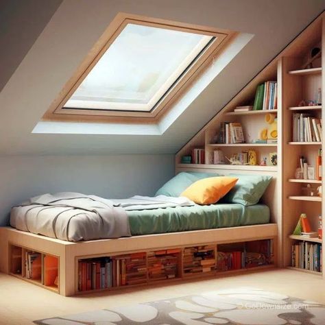 Now, here’s a small bedroom with a space-saving bed as it has under-bed book storage and built-in shelves on the side. Bed With Storage Under, Kids Bed With Storage, One Room Apartment, Space Saving Beds, Kids Bed, Bed With Storage, Attic Bedroom, Book Storage, Under Bed