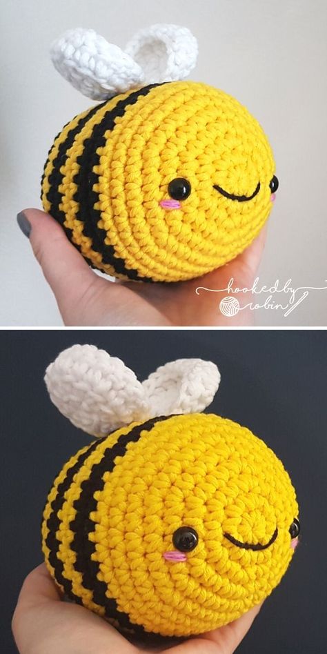 Cute And Happy Crochet Amigurumi Bees.  This chunky and bulky bumblebee is such a cutie, I can't even! What's more, due to the rounded shape, it's a very simple and easy to crochet pattern, that will be a stunning part of your baby nursery or a cute porch decoration!   #freecrochetpattern #amigurumi #bee Kat Haken, Bee Toys, Crochet Toys Free, Crochet Bee, Crochet Amigurumi Free, Haken Baby, Crochet Animal Patterns, Diy Crochet Projects, Crochet Toys Patterns