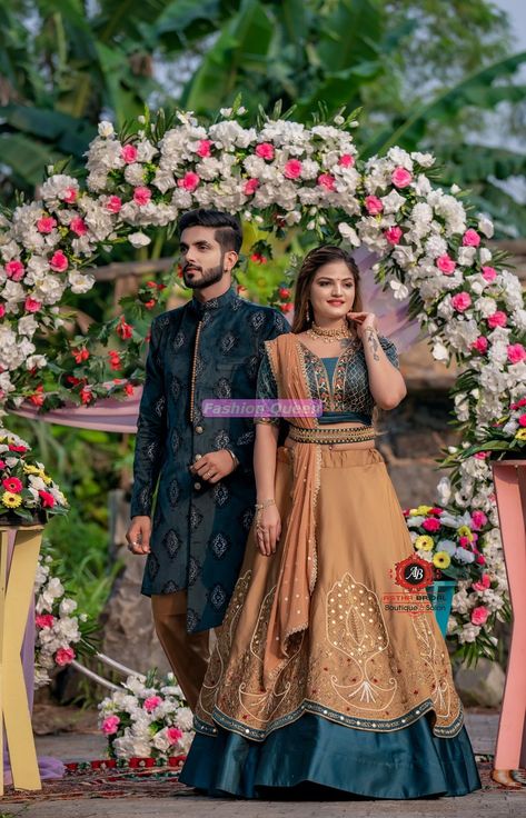 Blue Wedding Couple Outfit, Wedding Couple Clothes Outfit Ideas, Bride And Groom Dress Combination Indian, Couple Clothes Matching Wedding, Sagai Outfit Indian Weddings, Couple Dresses For Engagement Indian, Engagement Clothes For Couple, Wedding Couple Dress Combination, Engagement Couple Dress Indian