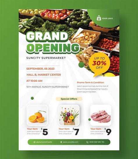 Supermarket Flyer Template AI, EPS Supermarket Poster Design, Supermarket Flyer, Grocery Flyer, Invitation Card Format, Store Flyers, Digital Advertising Design, Social Media Branding Design, Advertisement Design, Pamphlet Design