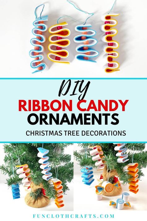 Easy Felt Ribbon Candy Ornaments | Fun Cloth Crafts - Felt Craft Patterns Ribbon Candy Ornaments Easy Diy, Felt Candy Ornaments, Felt Ornaments Patterns Templates, Felt Ornaments Patterns Free, Ribbon Candy Ornaments, Candy Christmas Tree, Felt Ornaments Patterns, Gingerbread Diy, Ribbon Candy