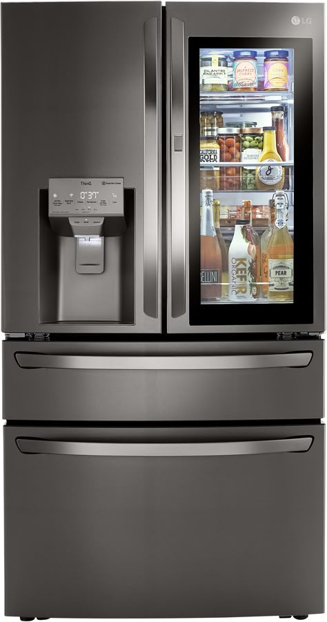 36" Counter Depth Smart French Door Craft Ice™ Refrigerator with 22.5 Cu. Ft. Capacity, InstaView™ Door-in-Door®, Dual Ice Maker, Full-Convert™ Drawer, Smart Cooling Plus™ System, Door & Temperature Alarm, Auto Closing Door, WiFi, and Energy Star Qualified: Black Stainless Steel. Counter Depth design allows for this refrigerator to integrate into your kitchen decor, and smart connectivity gives you voice control, diagnostics, and remote monitoring from compatible devices. Counter Depth design al Double Fridge Kitchen Refrigerators, 48 Inch Refrigerator Refrigerators, Slim Refrigerator Only, Kitchen With American Fridge Freezer And A Lacanche Cooker, Stanless Steal Appliances With Brass Hardware, Stainless Refrigerators, Wide Fridge Freezer, Kitchen Hidden Refrigerator, Double Door Refrigerator Samsung