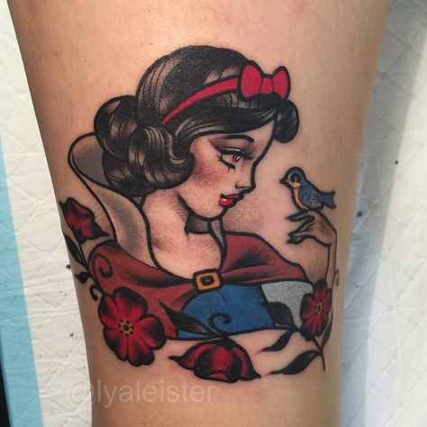 Snow White Tattoo, Cinderella Tattoo, Snow White Tattoos, Snow Tattoo, Traditional Tattoo Flowers, Disney Princess Tattoo, Vegan Tattoo, Tattoo Old School, Old School Tattoo Designs