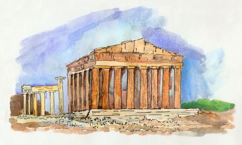 Ancient Art Drawing, Acropolis Of Athens Sketch, Famous Landmarks Drawing, Ancient Greek Architecture Drawing, Historical Monuments Drawing, Acropolis Drawing, Parthenon Drawing, Ancient Greece Drawing, Parthenon Greece