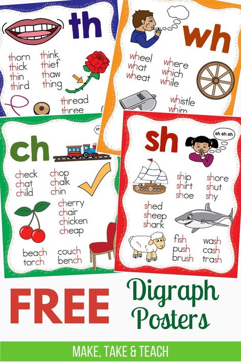 These free digraph posters are helpful when teaching and practicing words containing sh, ch, th and wh. Great for first grade and second grade literacy centers! Diagraph Posters Anchor Charts, Digraphs Anchor Chart, Digraphs Chart, Teaching Digraphs, Digraphs Worksheets, Digraphs Activities, Consonant Digraphs, Phonics Posters, Blends And Digraphs