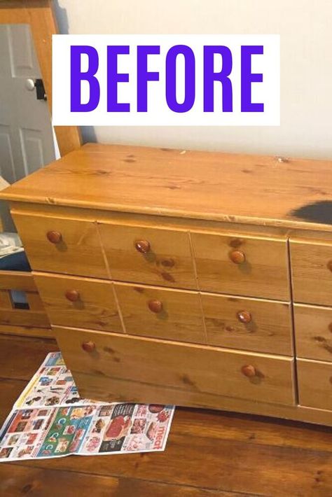 Paint Ideas For Dressers Wood, Cedar Dresser Makeover, Dresser Makeover White And Wood, How To Paint An Old Dresser, 3 Drawer Dresser Makeover Diy, Dresser Drawer Makeover, Pine Bed Makeover, Makeover Dresser Ideas, Chest Of Drawers Upcycle Ideas