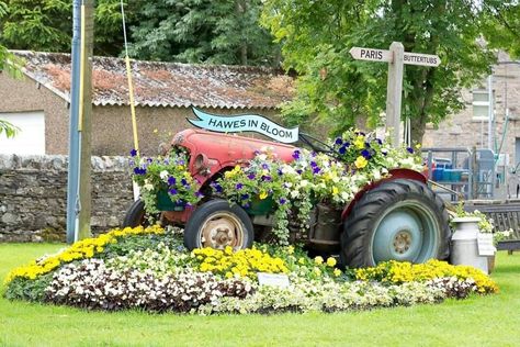 Tractor Lawn Decor, Tractor Garden Decor, Old Tractor Landscaping, Tractor Landscaping, Tractor Decorations, Fall Yard Displays, Landscaping Decorations, Trailer Garden, Mum Lifestyle