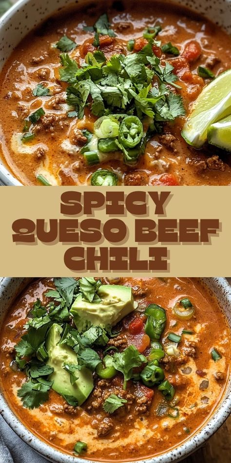 Craving something hearty and full of flavor? This Spicy Queso Beef Chili recipe is your perfect comfort food! Made with savory ground beef, spicy seasonings, and rich queso cheese, it’s a crowd-pleaser for game day, family dinners, or cozy nights in. 🌶️🍲 Pair it with cornbread or tortilla chips for the ultimate chili experience. Ready in under an hour, this easy chili recipe will become your new favorite! 😋 #SpicyChili #BeefChili #QuesoChili #ComfortFood #ChiliRecipe #DinnerIdeas Best Spicy Chili Recipe Award Winning, Queso Chili Recipe, Beef And Jalapeno Recipes, Spicy Sausage Chili, Prime Rib Chili Recipes, Serrano Chili Recipes, Non Spicy Chili Recipe, The Best Chili Recipe Ever, Creative Chili Recipes