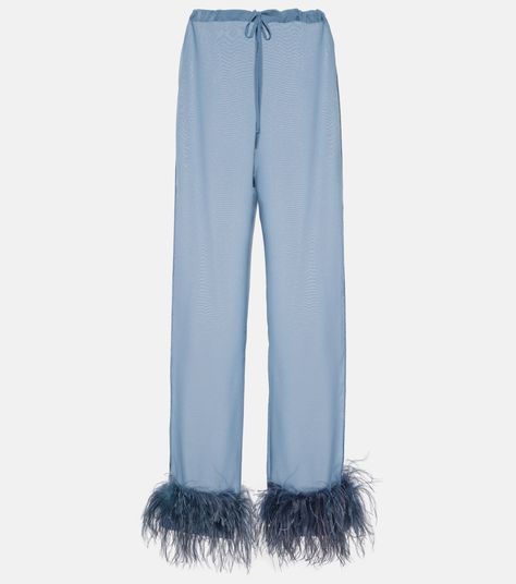 Plumage Feather Trimmed Wide Leg Pants in Blue - Oseree | Mytheresa Blue Feather, Pants Blue, Ostrich Feathers, Pajama Bottoms, Pants Straight, Matching Shirts, Straight Pants, Wide Leg Trousers, Straight Leg Pants