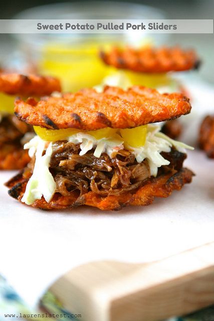 Sweet Potato Pulled Pork Sliders     http://www.laurenslatest.com/sweet-potato-pulled-pork-sliders/ Sweet Potato Pulled Pork, Sweet Potato Sliders, Pulled Pork Sliders, Sweet Potato Waffles, Pork Sliders, Recipe Roundup, Game Day Food, Sweet Potato Fries, Pulled Pork