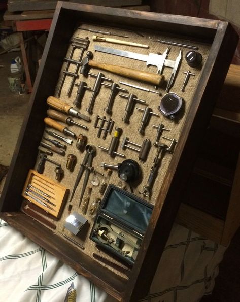 Travel Shadow Boxes, Tool Display, Rusty Tools, Antique Hand Tools, Military Shadow Box, Diy Shadow Box, Shadow Box Art, Antique Tools, Old Tools