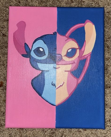 Stitch And Angel Painting Canvases Easy, Pink Stitch Painting, Stitch And Angel Painting, Stitch Painting Ideas, Stitch Painting Canvases Easy, Stitch Canvas Painting, Really Easy Paintings, Stitch Paintings, Disney Canvas Paintings