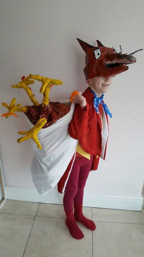 Fantastic Mr Fox, Roald Dahl/Quentin Blake. Homemade costume for World Book Day. Papier Mache head/chicken legs, coat made out of charity. shop curtains. Homemade World Book Day Costumes, Roald Dahl Costumes Diy, Roald Dahl Characters Costumes, Roald Dahl Dress Up, Fantastic Mr Fox Characters, Roahl Dahl, Mr Fox Costume, Book Week Characters, Fox Costume Diy