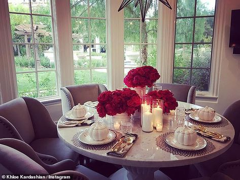 Khloe Kardashian overjoyed as she moves back into her Calabasas home after giving it a makeover | Daily Mail Online Kardashians House, Khloe Kardashian House, Calabasas Homes, Kardashian Home, Mediterranean Style Home, Mediterranean Style Homes, Dining Table Decor, Khloe Kardashian, Room Table